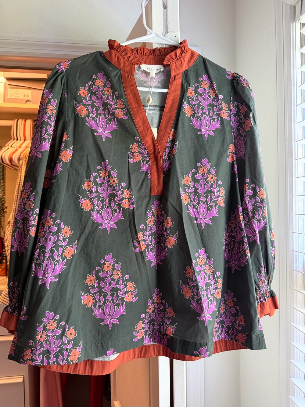 entro Olive Floral Blouse with Purple & Coral Print